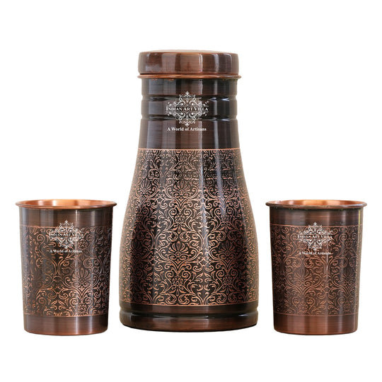 Indian Art Villa Copper Bedroom Antique Dark Finished Bottle with Copper glass with Embossed Design gift set
