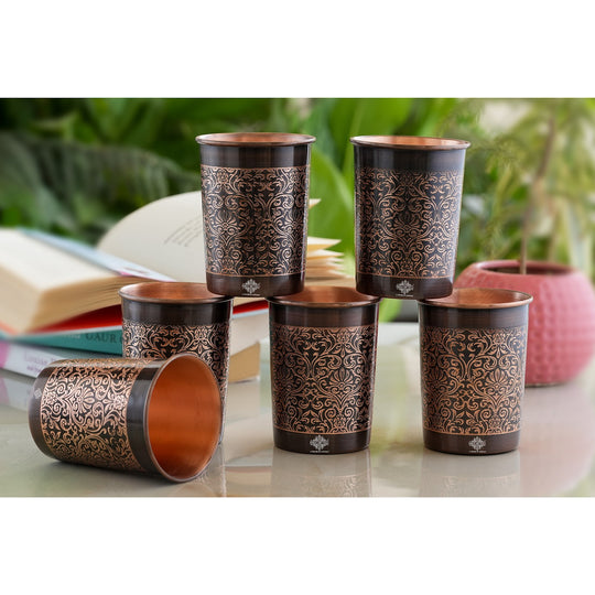Embossed Design Copper Drinking Tumbler With 2 & 4 Sets