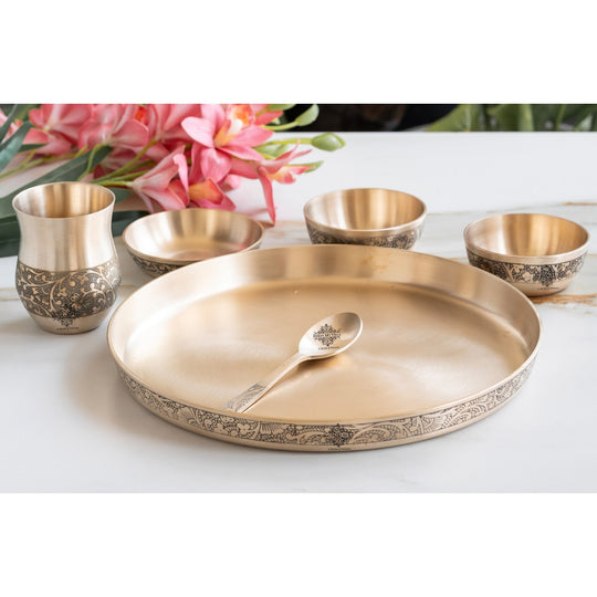Pure Bronze 6 Pcs Thali Set,11.5 inches thali Matt Embossed Design