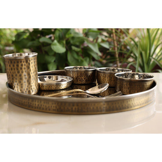 Steel-Brass Antique Hammered Dinner Set, 13 Inch – 7 Piece | Indian Art Villa