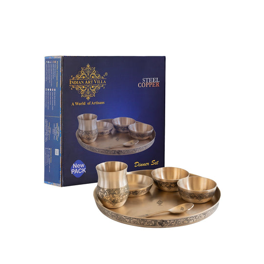 Pure Bronze 6 Pcs Thali Set,11.5 inches thali Matt Embossed Design