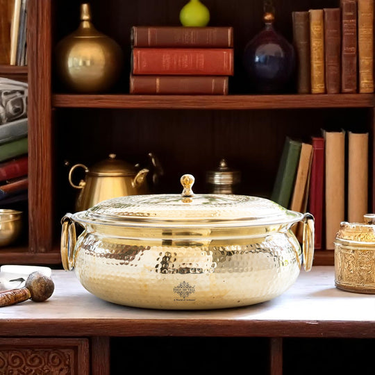 Hammered Brass Cooking Pot with Tin Lining, Handle & Lid