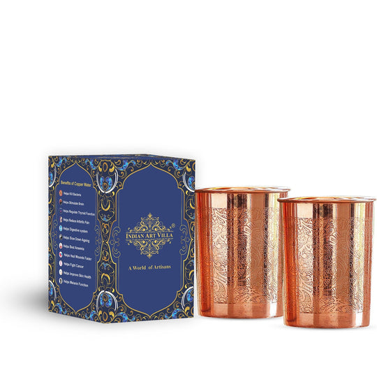Embossed Design Copper Drinking Tumbler With 2 & 4 Sets