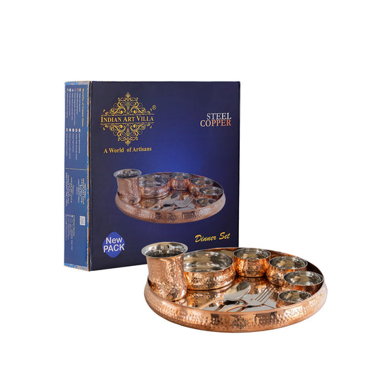 Steel-Copper Plain Shine Curved Dinner Set – 8/9 Piece | Indian Art Villa