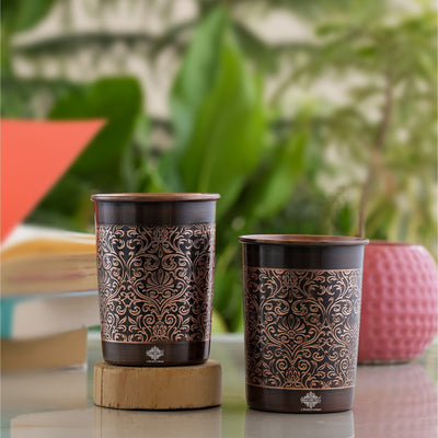 Embossed Design Copper Drinking Tumbler With 2 & 4 Sets