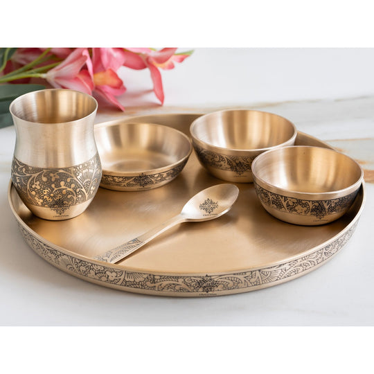 Pure Bronze 6 Pcs Thali Set,11.5 inches thali Matt Embossed Design