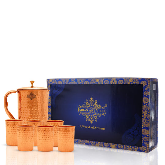 Indian Art Villa Handmade Pure Copper Jug with Glass sets, Hammered Design Drinkware Gift Sets