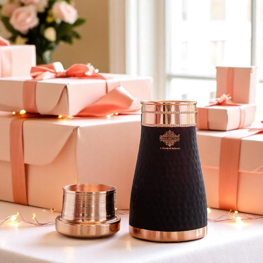 Pure Copper Hammered  Silk Finish Bedroom Bottle with Inbuilt Glass