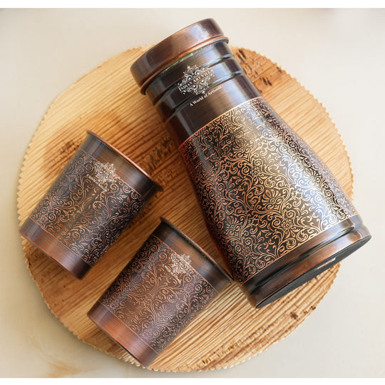 Indian Art Villa Copper Bedroom Antique Dark Finished Bottle with Copper glass with Embossed Design gift set