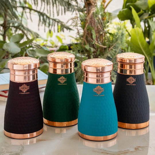 Pure Copper Hammered  Silk Finish Bedroom Bottle with Inbuilt Glass