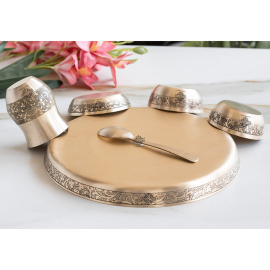 Pure Bronze 6 Pcs Thali Set,11.5 inches thali Matt Embossed Design