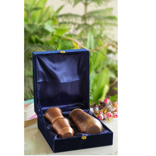 Indian Art Villa Pure Copper Drinkware Gift Set of Copper Bedroom Bottle & Copper Glass with Antique Finished Embossed Design