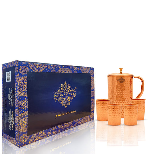 Indian Art Villa Handmade Pure Copper Jug with Glass sets, Hammered Design Drinkware Gift Sets