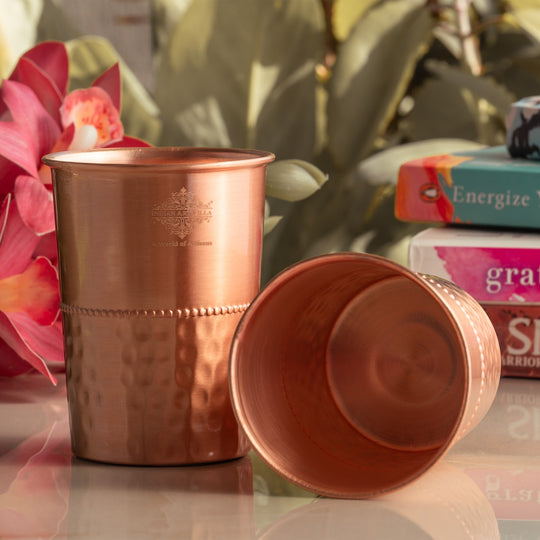 Half Hammered Lacquer Finish Copper Tumbler With 2 & 4 Sets, 9oz/275 ML