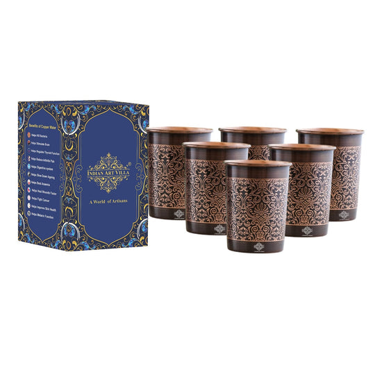 Embossed Design Copper Drinking Tumbler With 2 & 4 Sets