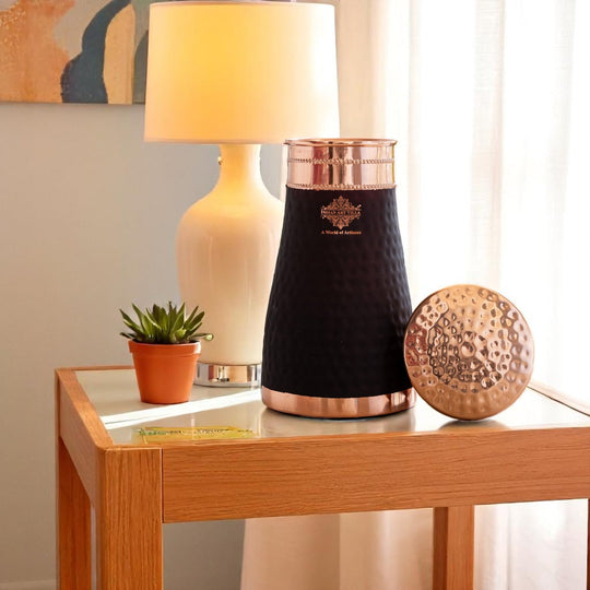 Pure Copper Hammered  Silk Finish Bedroom Bottle with Inbuilt Glass