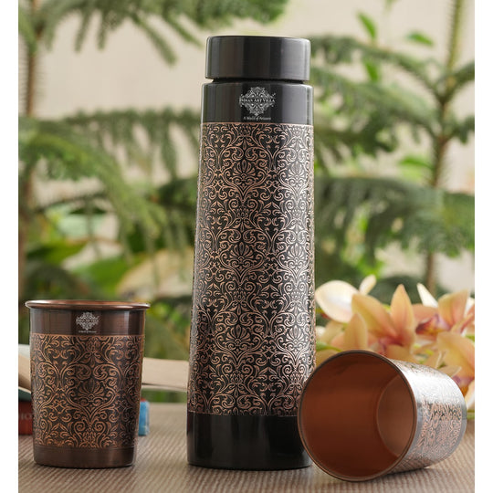 Indian Art Villa Antique Finished Embossed Design Drinkware Gift Set of Copper Pyramid Shape Bottle & Copper Glass