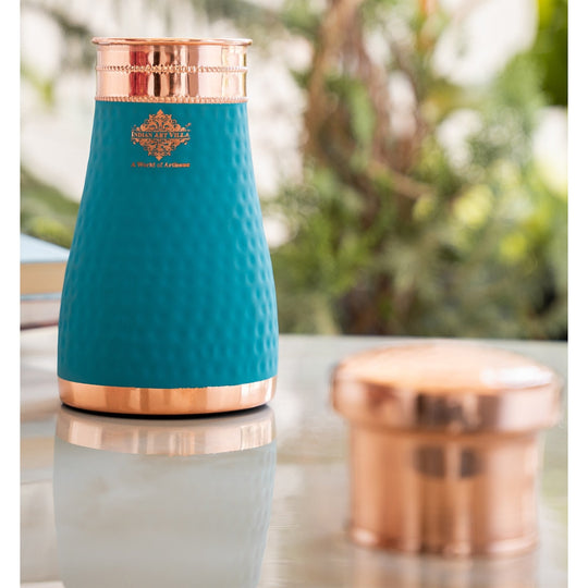 Pure Copper Hammered  Silk Finish Bedroom Bottle with Inbuilt Glass