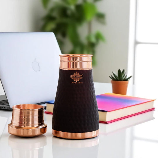 Pure Copper Hammered  Silk Finish Bedroom Bottle with Inbuilt Glass