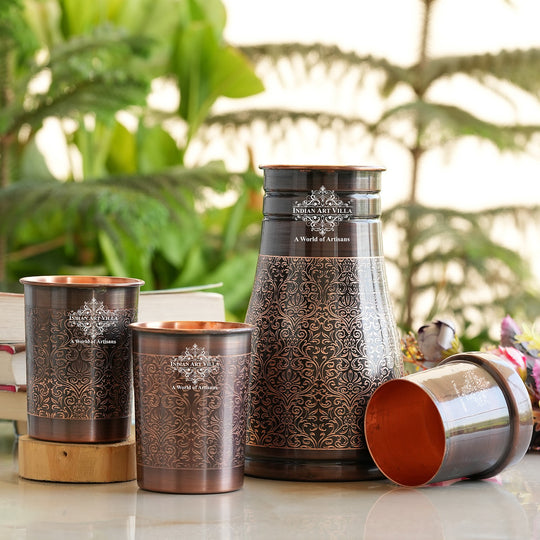 Indian Art Villa Copper Bedroom Antique Dark Finished Bottle with Copper glass with Embossed Design gift set