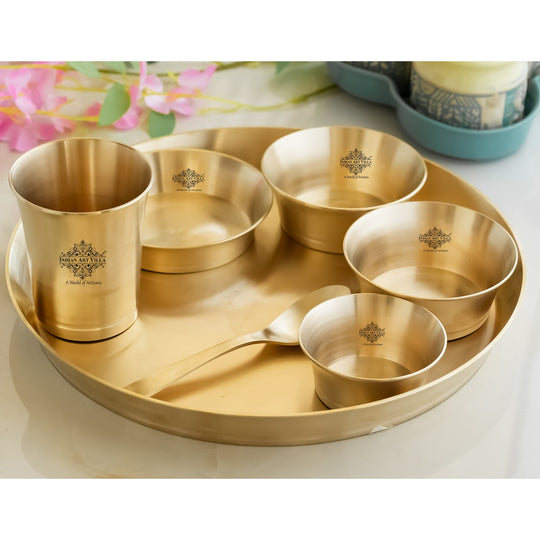 Indian Art Villa Pure Brass Matt Finish Design Thali Set | Dinner Set, 7 Piece