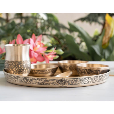 Pure Bronze 6 Pcs Thali Set,11.5 inches thali Matt Embossed Design