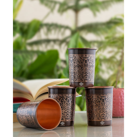 Embossed Design Copper Drinking Tumbler With 2 & 4 Sets