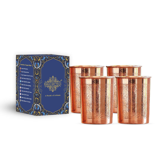 Embossed Design Copper Drinking Tumbler With 2 & 4 Sets