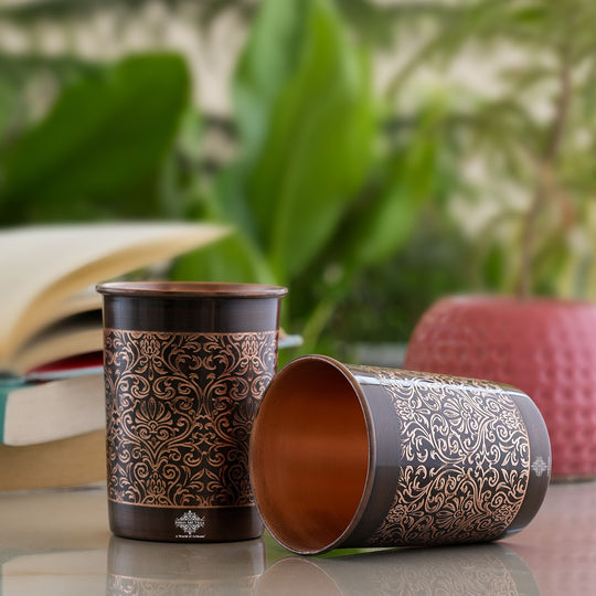 Embossed Design Copper Drinking Tumbler With 2 & 4 Sets