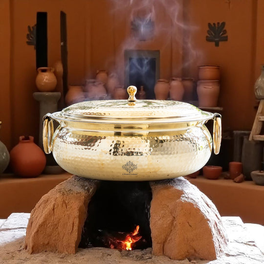 Hammered Brass Cooking Pot with Tin Lining, Handle & Lid