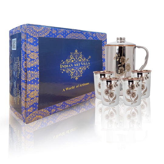 Indian Art Villa Steel Copper Drinkware Gift Set of Lasered Floral Design Jug & Glass With Black Gift Box, Gift item for Diwali, Bithday & Parties