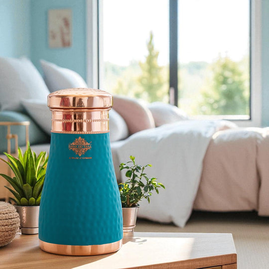 Pure Copper Hammered  Silk Finish Bedroom Bottle with Inbuilt Glass