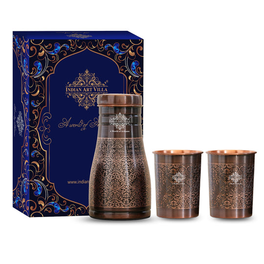 Indian Art Villa Copper Bedroom Antique Dark Finished Bottle with Copper glass with Embossed Design gift set