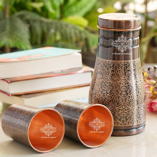 Indian Art Villa Copper Bedroom Antique Dark Finished Bottle with Copper glass with Embossed Design gift set