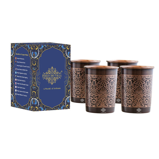 Embossed Design Copper Drinking Tumbler With 2 & 4 Sets