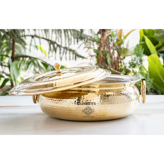 Hammered Brass Cooking Pot with Tin Lining, Handle & Lid