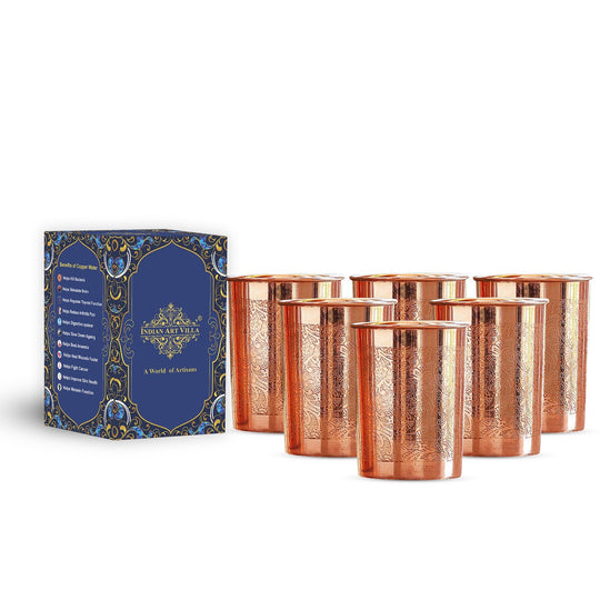 Embossed Design Copper Drinking Tumbler With 2 & 4 Sets