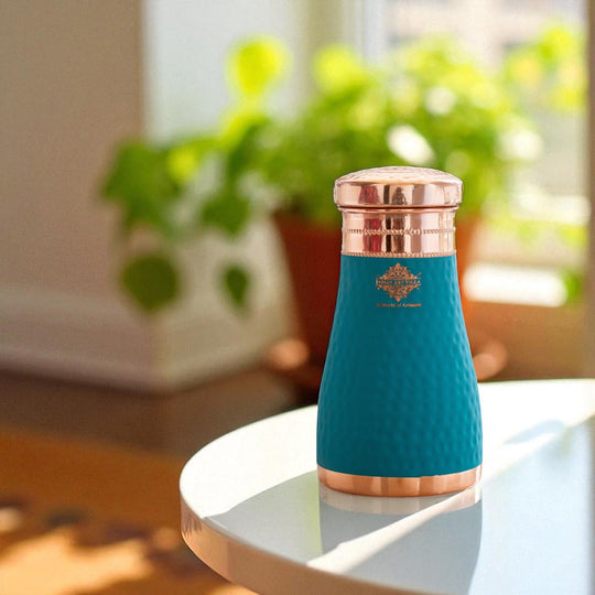 Pure Copper Hammered  Silk Finish Bedroom Bottle with Inbuilt Glass