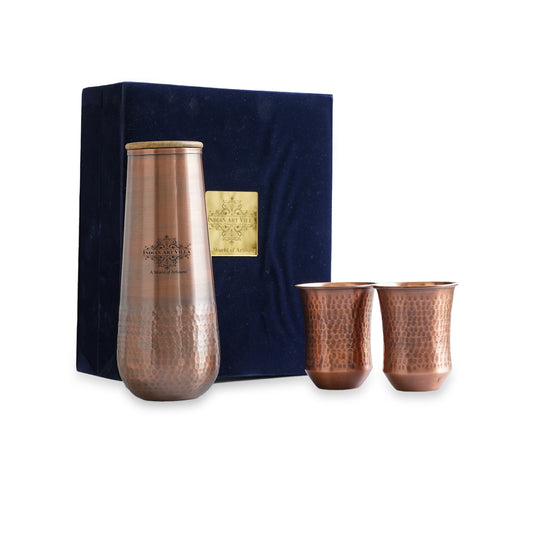 Indian Art Villa Pure Copper Drinkware Gift Set of Copper Bedroom Bottle & Copper Glass with Antique Finished Embossed Design