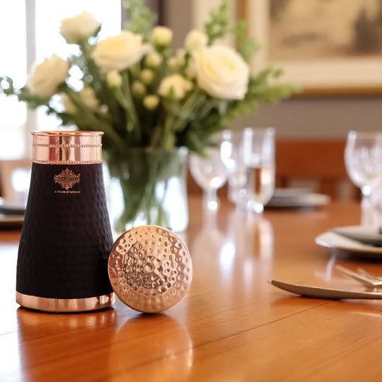 Pure Copper Hammered  Silk Finish Bedroom Bottle with Inbuilt Glass