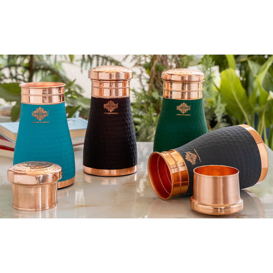 Pure Copper Hammered  Silk Finish Bedroom Bottle with Inbuilt Glass