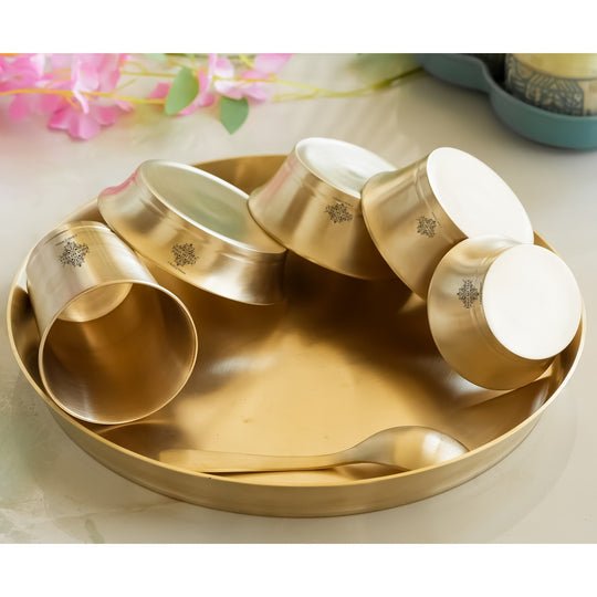 Brass Matt Finish Pari Design Dinner Set – 7 Piece | Indian Art Villa