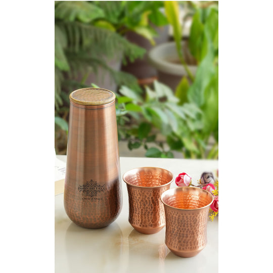 Indian Art Villa Pure Copper Drinkware Gift Set of Copper Bedroom Bottle & Copper Glass with Antique Finished Embossed Design