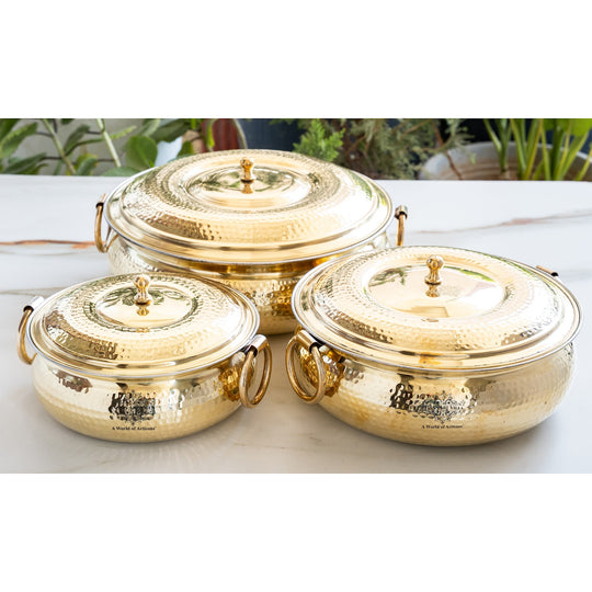 Hammered Brass Cooking Pot with Tin Lining, Handle & Lid