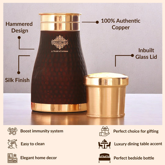 Pure Copper Hammered  Silk Finish Bedroom Bottle with Inbuilt Glass