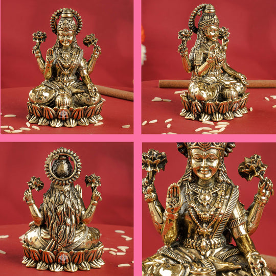 Brass Lakshmi Idol Sitting on Lotus, 3 Inch