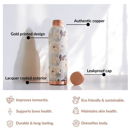 Gold Flower Print Copper Water Bottle, 30oz/900 ML