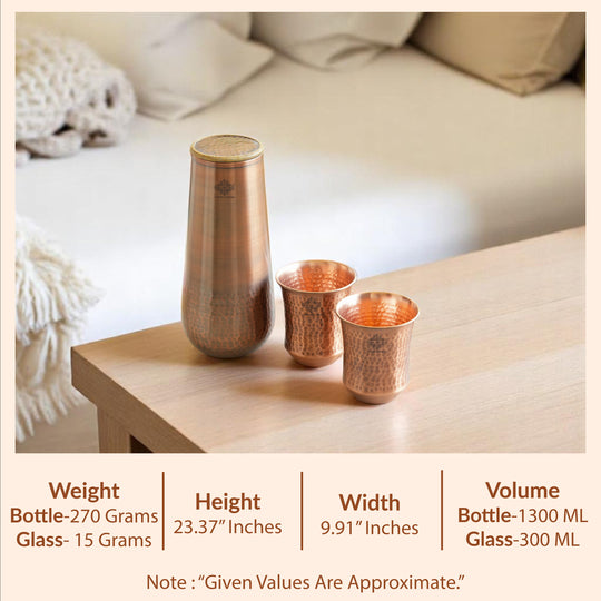 Indian Art Villa Pure Copper Drinkware Gift Set of Copper Bedroom Bottle & Copper Glass with Antique Finished Embossed Design