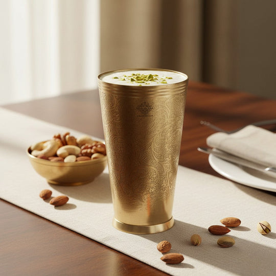 Embossed Flower Design Brass Lassi Glass