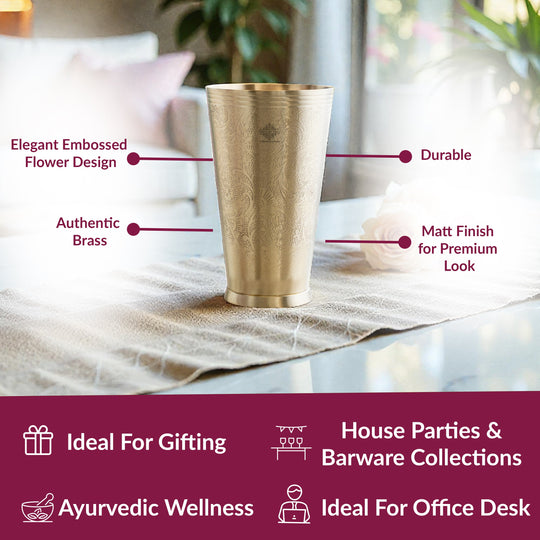 Embossed Flower Design Brass Lassi Glass